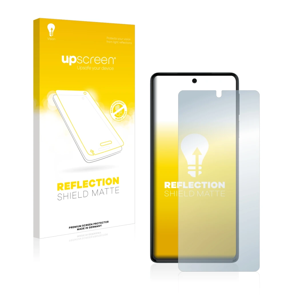 Parte frontal de un envase de producto con el logotipo de la marca upscreen. Al lado se muestra el dispositivo Motorola Edge 3