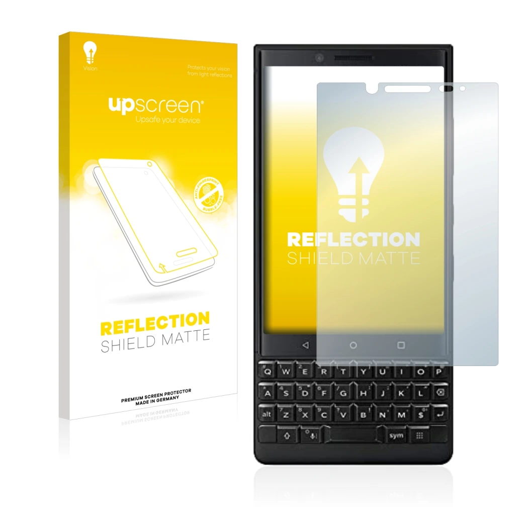 Parte frontal de un envase de producto con el logotipo de la marca upscreen. Al lado se muestra el dispositivo BlackBerry Key2