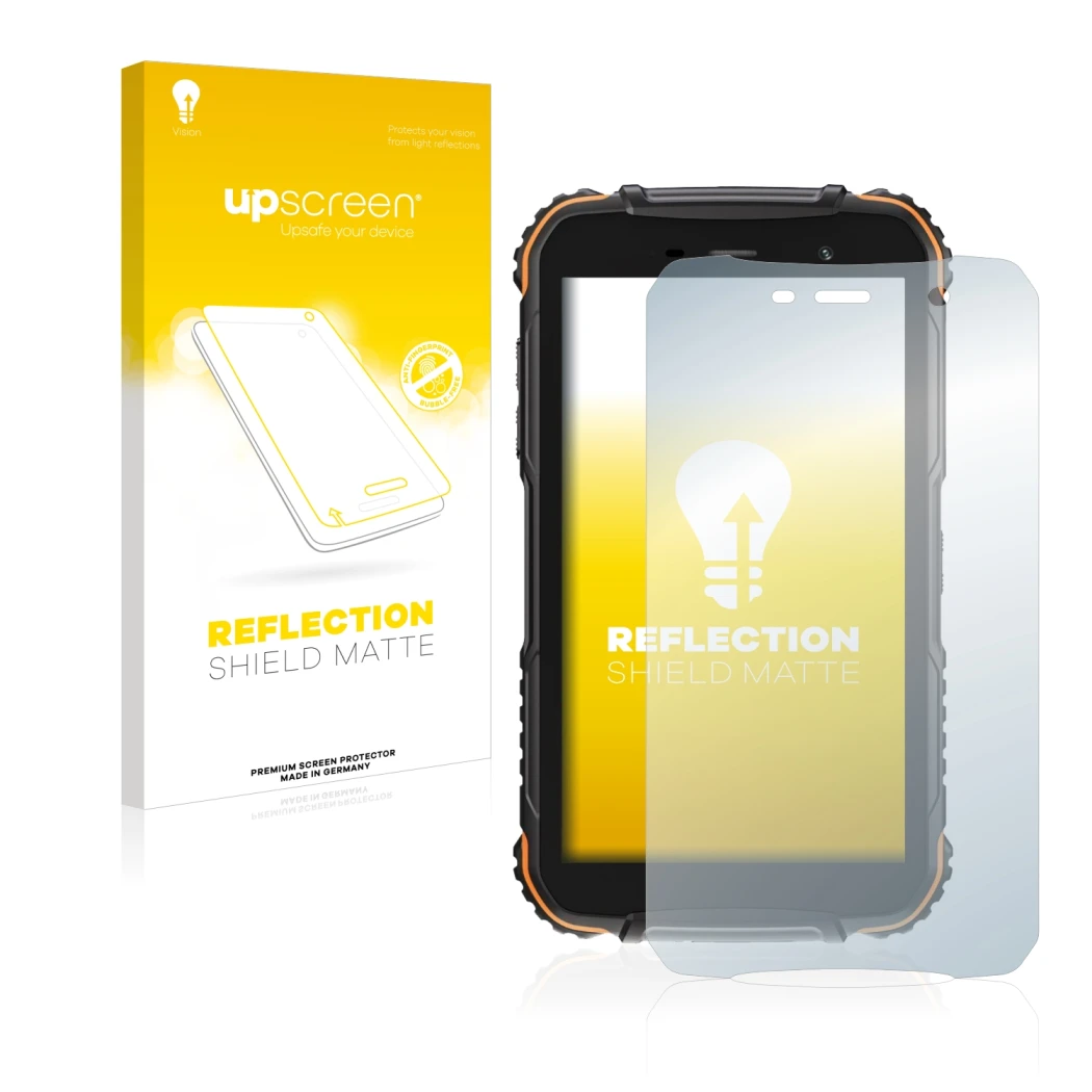 Parte frontal de un envase de producto con el logotipo de la marca upscreen. Al lado se muestra el dispositivo Doogee S35T con