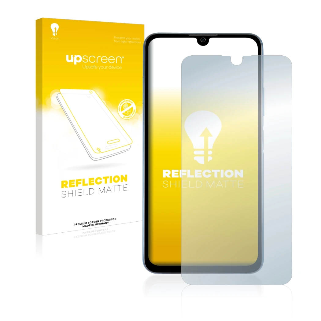 Parte frontal de un envase de producto con el logotipo de la marca upscreen. Al lado se muestra el dispositivo ZTE Blade A71 c