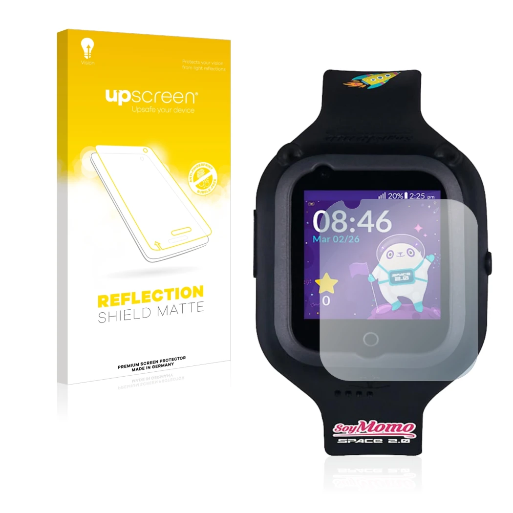 Parte frontal de un envase de producto con el logotipo de la marca upscreen. Al lado se muestra el dispositivo SoyMomo Space 2