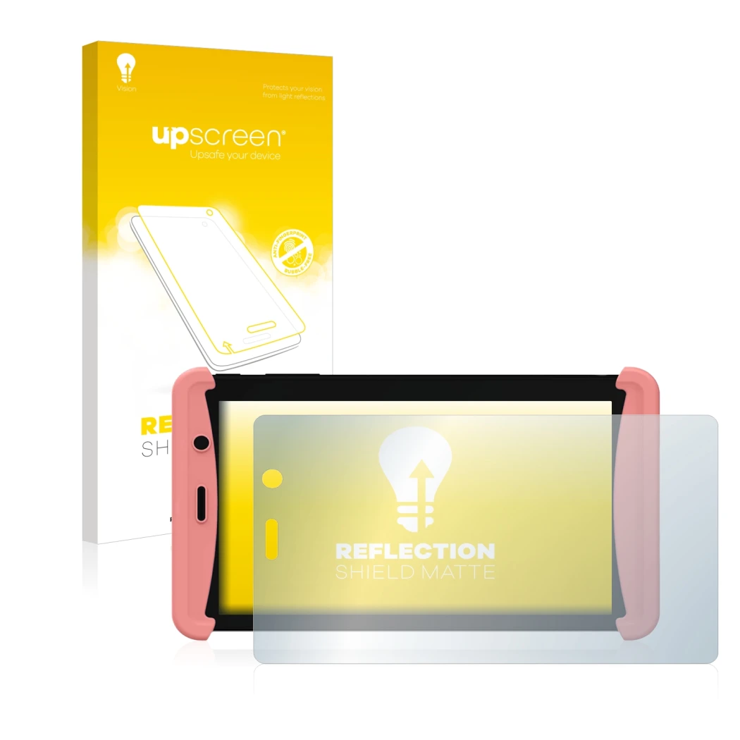 Parte frontal de un envase de producto con el logotipo de la marca upscreen. Al lado se muestra el dispositivo Kurio Tab Lite