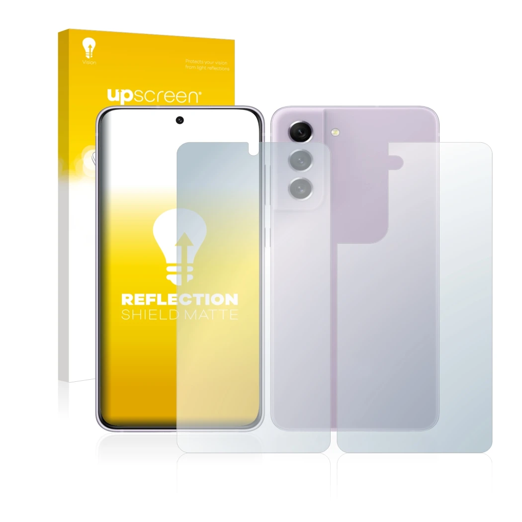 Parte frontal de un envase de producto con el logotipo de la marca upscreen. Al lado se muestra el dispositivo Samsung Galaxy 