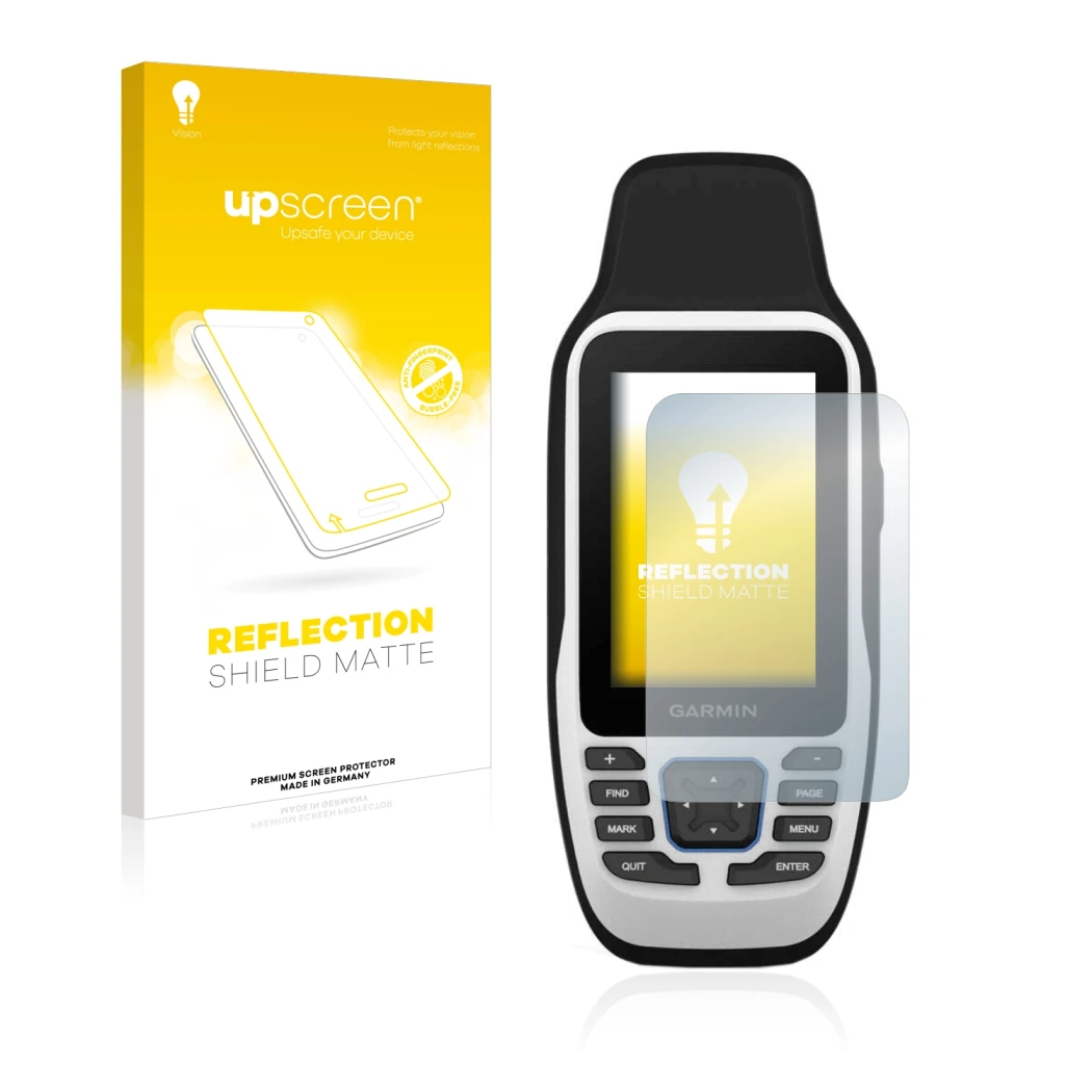 Parte frontal de un envase de producto con el logotipo de la marca upscreen. Al lado se muestra el dispositivo Garmin GPSMAP 7