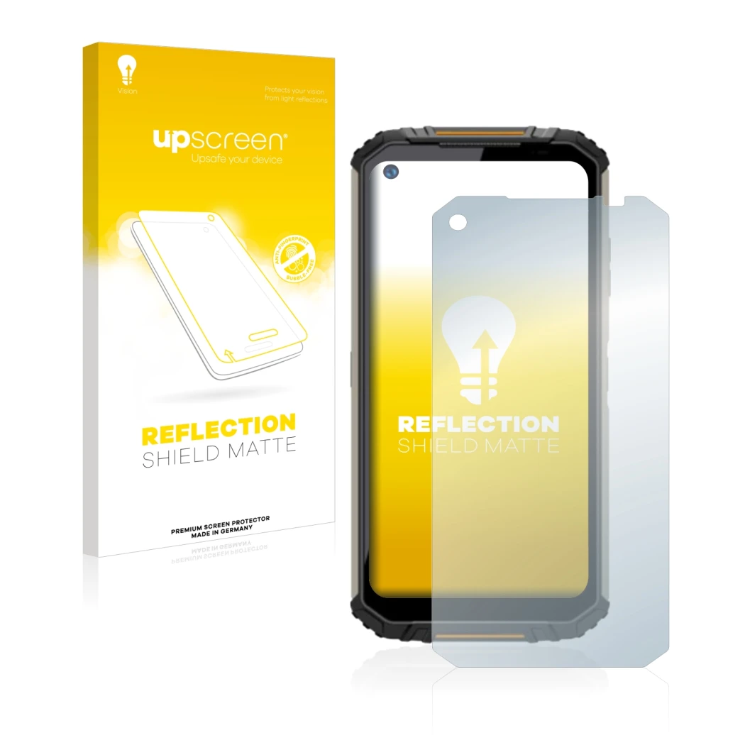 Parte frontal de un envase de producto con el logotipo de la marca upscreen. Al lado se muestra el dispositivo Oukitel WP16 co