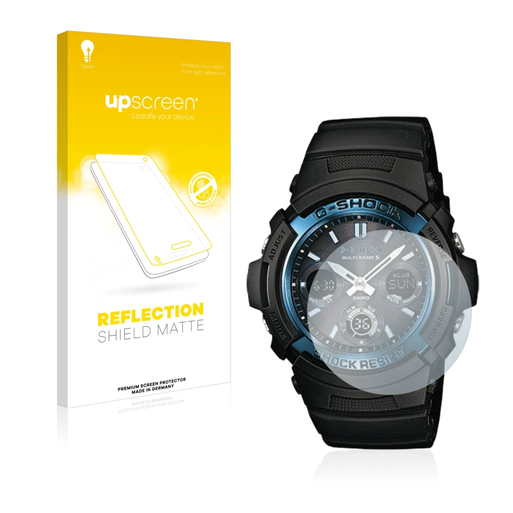 Parte frontal de un envase de producto con el logotipo de la marca upscreen. Al lado se muestra el dispositivo Casio AWG M100
