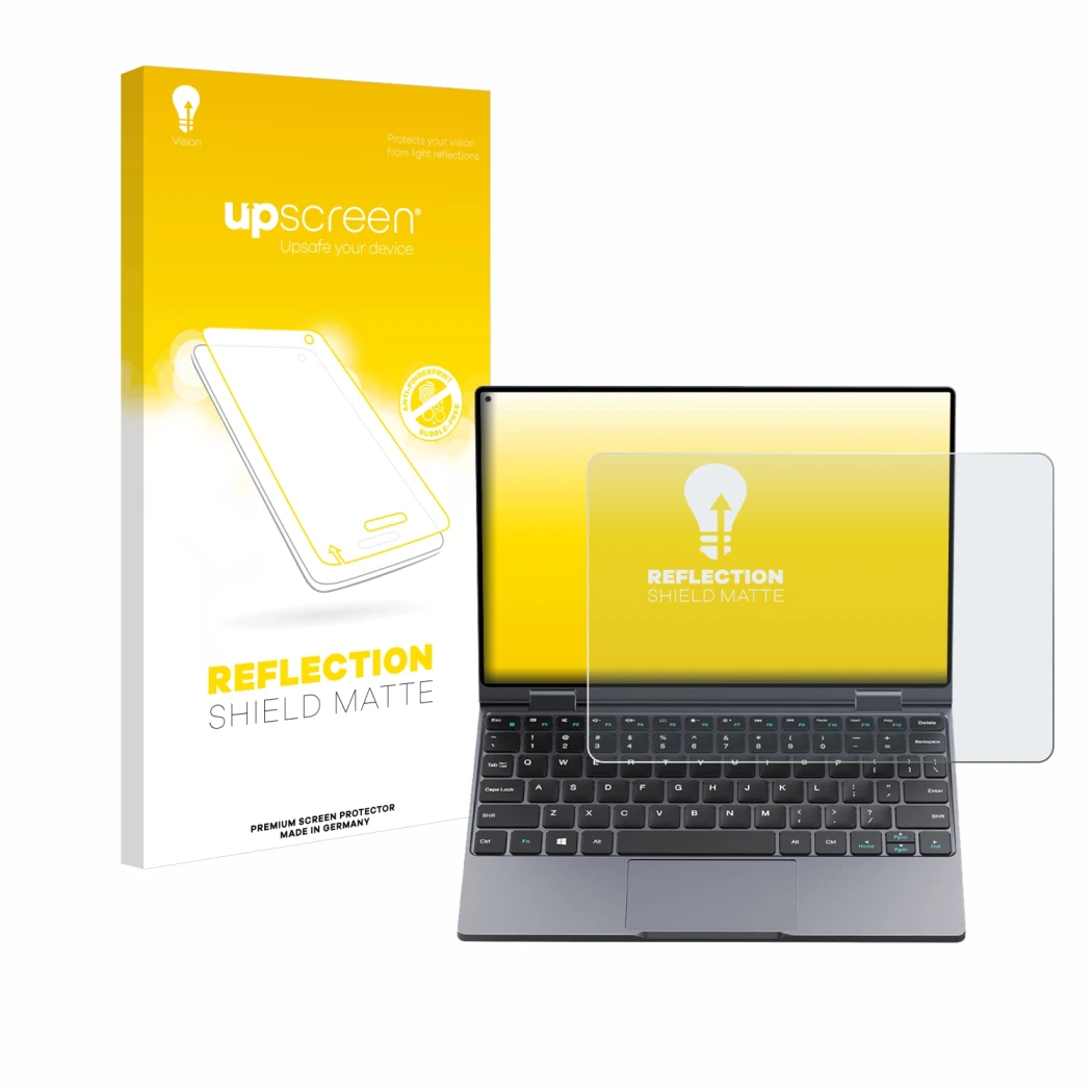 Parte frontal de un envase de producto con el logotipo de la marca upscreen. Al lado se muestra el dispositivo Chuwi MiniBook