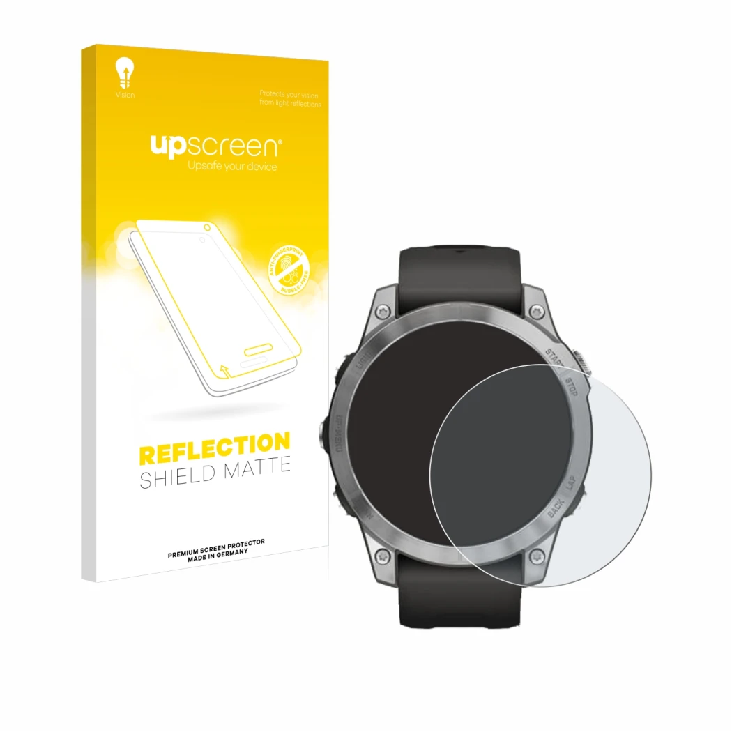 Parte frontal de un envase de producto con el logotipo de la marca upscreen. Al lado se muestra el dispositivo Garmin Fenix 7