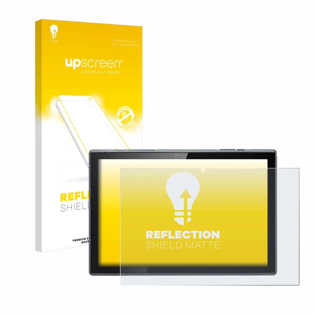 Parte frontal de un envase de producto con el logotipo de la marca upscreen. Al lado se muestra el dispositivo Acer ACTAB1022