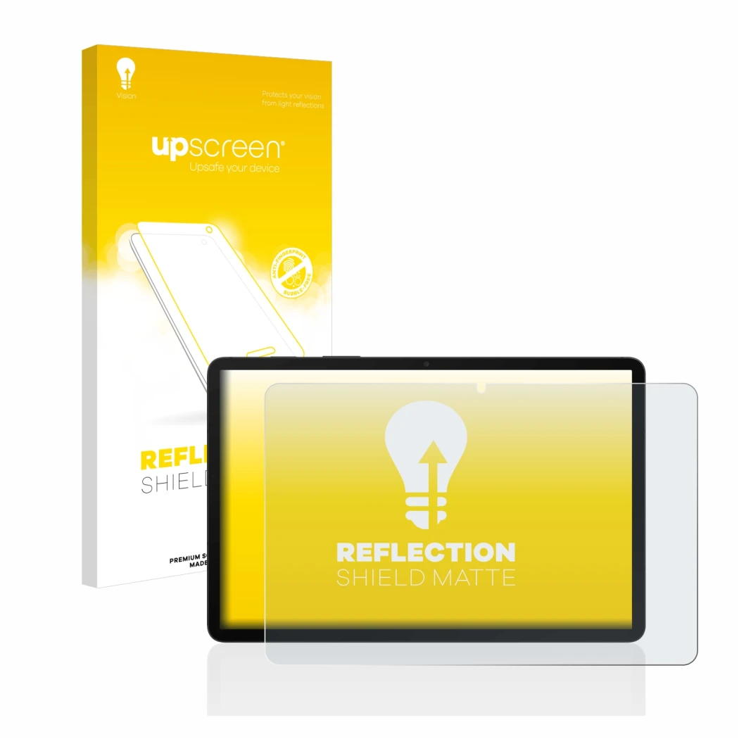 Parte frontal de un envase de producto con el logotipo de la marca upscreen. Al lado se muestra el dispositivo Samsung Galaxy 