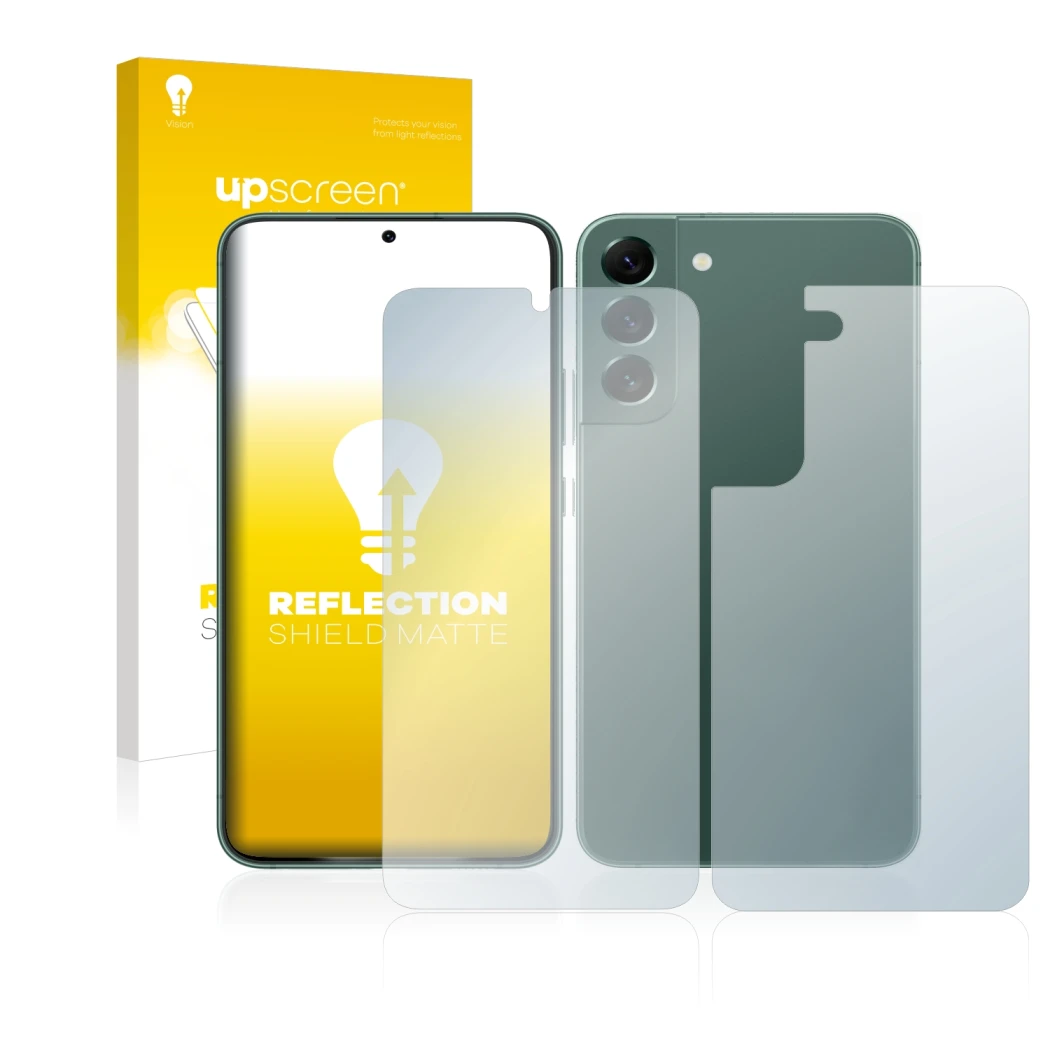 Parte frontal de un envase de producto con el logotipo de la marca upscreen. Al lado se muestra el dispositivo Samsung Galaxy