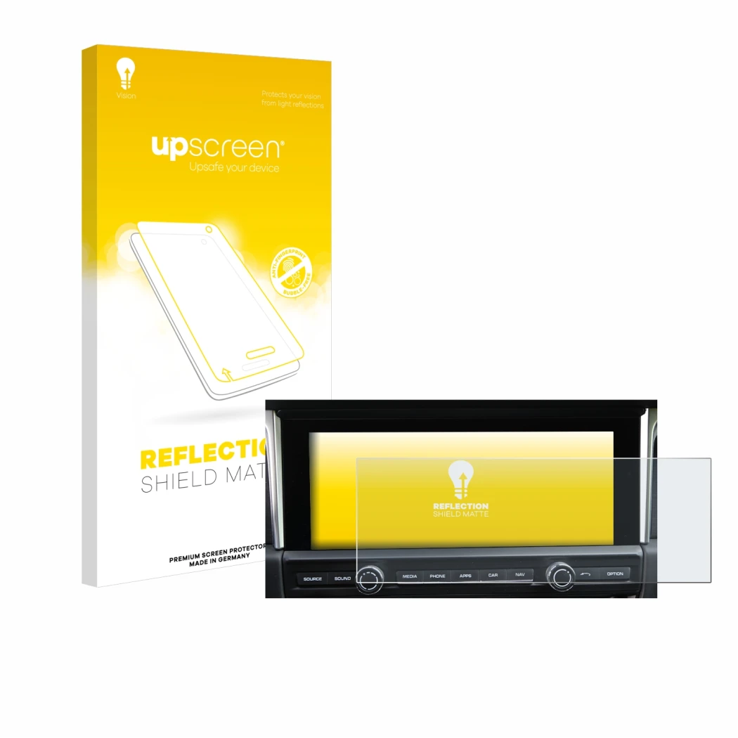 Parte frontal de un envase de producto con el logotipo de la marca upscreen. Al lado se muestra el dispositivo Porsche Macan 2