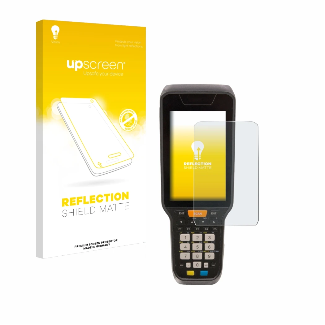 Parte frontal de un envase de producto con el logotipo de la marca upscreen. Al lado se muestra el dispositivo Datalogic Skorp