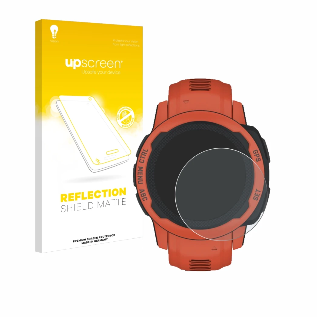 Parte frontal de un envase de producto con el logotipo de la marca upscreen. Al lado se muestra el dispositivo Garmin Instinct