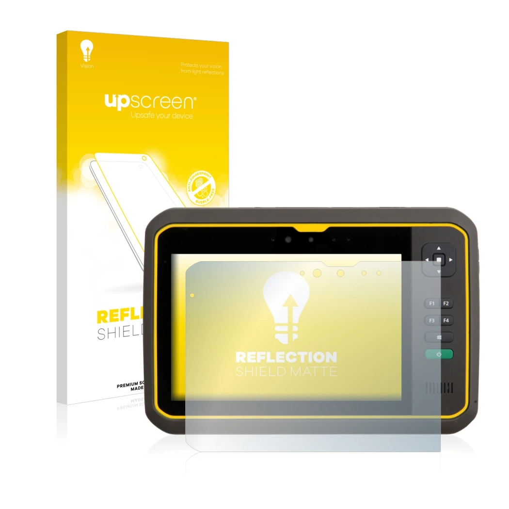 Parte frontal de un envase de producto con el logotipo de la marca upscreen. Al lado se muestra el dispositivo Trimble T7 con