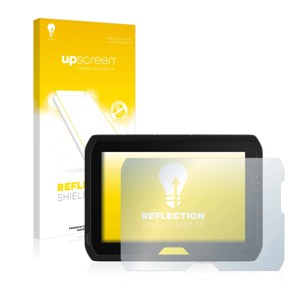 Parte frontal de un envase de producto con el logotipo de la marca upscreen. Al lado se muestra el dispositivo Trimble T100 co