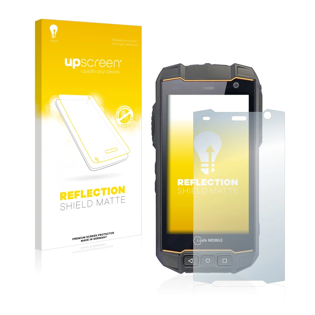 Parte frontal de un envase de producto con el logotipo de la marca upscreen. Al lado se muestra el dispositivo i.safe MOBILE I