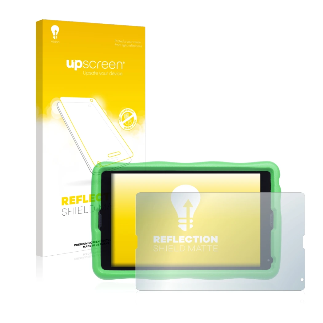 Parte frontal de un envase de producto con el logotipo de la marca upscreen. Al lado se muestra el dispositivo MEDION Lifetab