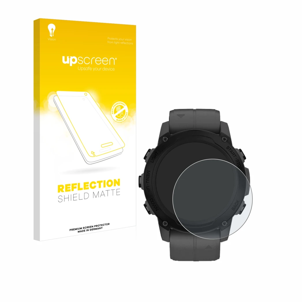 Parte frontal de un envase de producto con el logotipo de la marca upscreen. Al lado se muestra el dispositivo Garmin Descent