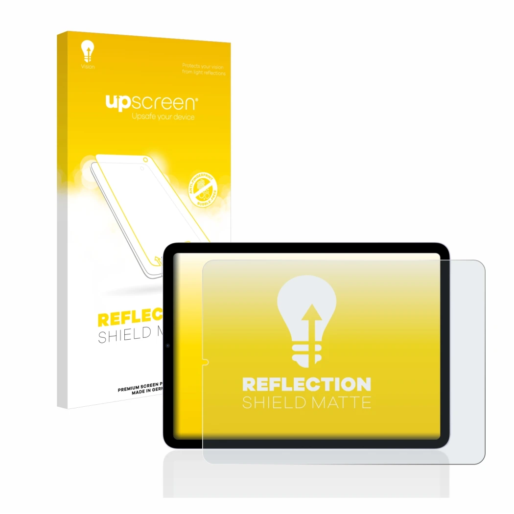 Parte frontal de un envase de producto con el logotipo de la marca upscreen. Al lado se muestra el dispositivo Apple iPad Air 