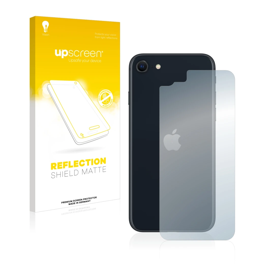 Parte frontal de un envase de producto con el logotipo de la marca upscreen. Al lado se muestra el dispositivo Apple iPhone SE