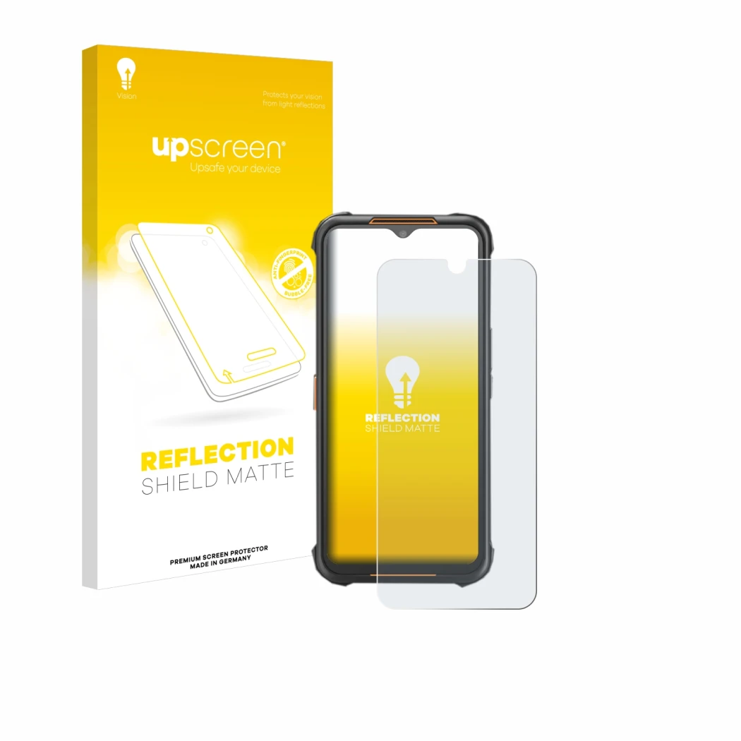 Parte frontal de un envase de producto con el logotipo de la marca upscreen. Al lado se muestra el dispositivo AGM H5 con su p