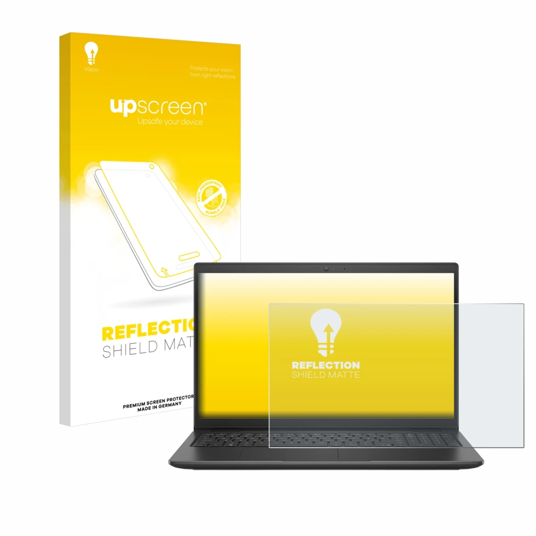 Parte frontal de un envase de producto con el logotipo de la marca upscreen. Al lado se muestra el dispositivo Dell Latitude 3