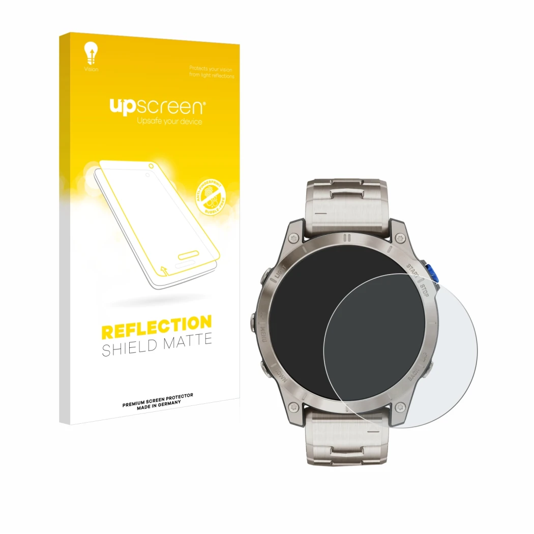 Parte frontal de un envase de producto con el logotipo de la marca upscreen. Al lado se muestra el dispositivo Garmin D2 Mach 