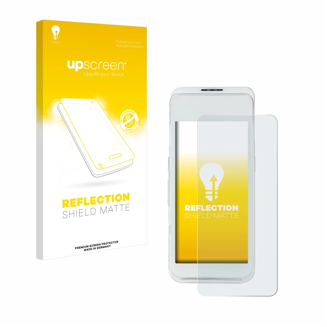 Parte frontal de un envase de producto con el logotipo de la marca upscreen. Al lado se muestra el dispositivo Pax A920 Pro co