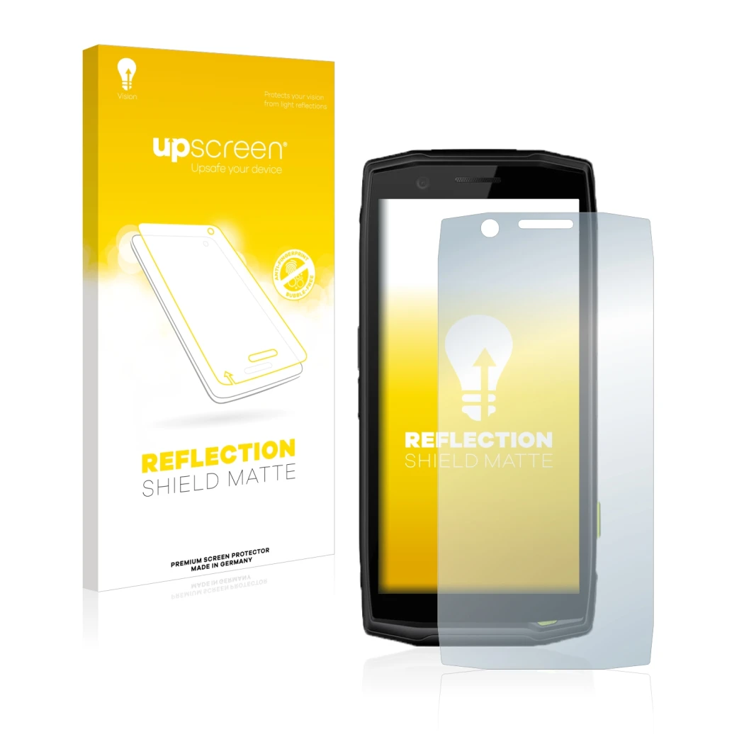 Parte frontal de un envase de producto con el logotipo de la marca upscreen. Al lado se muestra el dispositivo Crosscall Actio