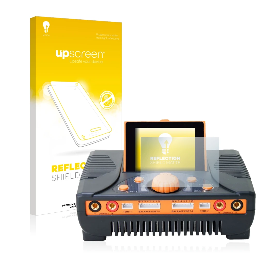 Parte frontal de un envase de producto con el logotipo de la marca upscreen. Al lado se muestra el dispositivo Junsi iCharger