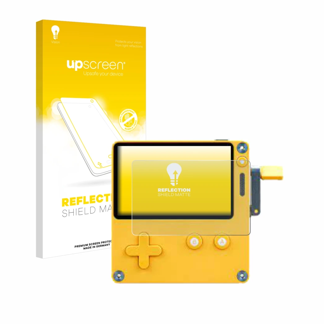 Parte frontal de un envase de producto con el logotipo de la marca upscreen. Al lado se muestra el dispositivo Panic Playdate