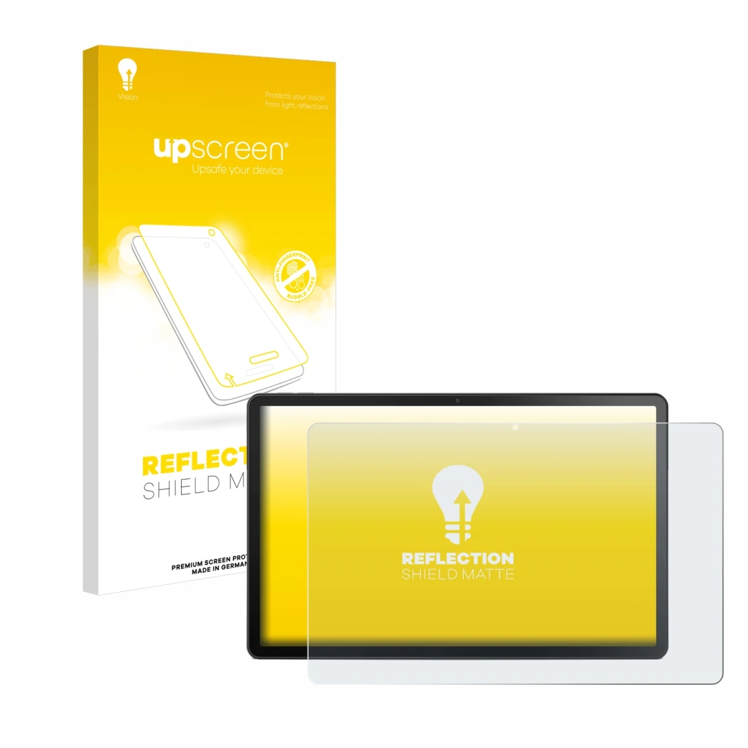 Parte frontal de un envase de producto con el logotipo de la marca upscreen. Al lado se muestra el dispositivo Lenovo Tab M10