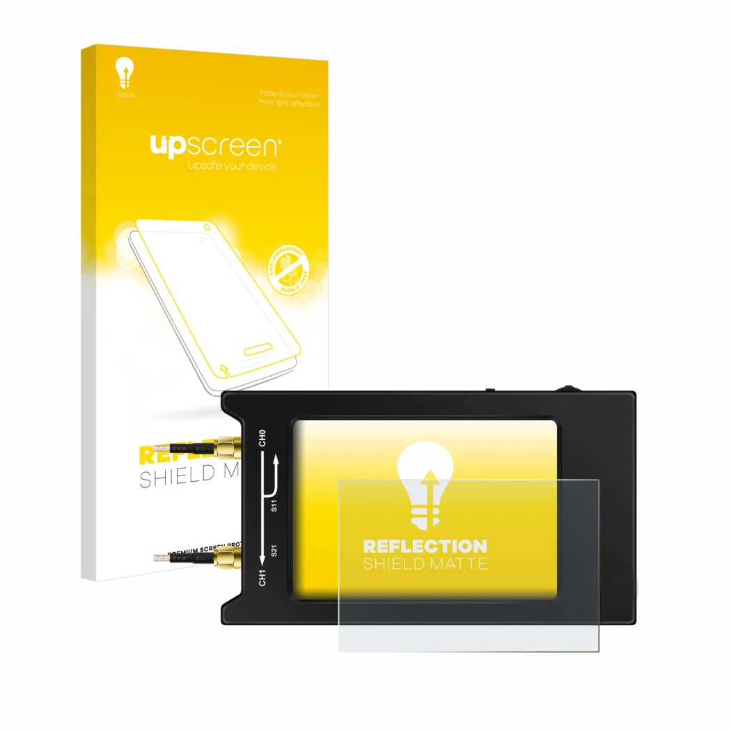 Parte frontal de un envase de producto con el logotipo de la marca upscreen. Al lado se muestra el dispositivo NanoVNA H4 con 