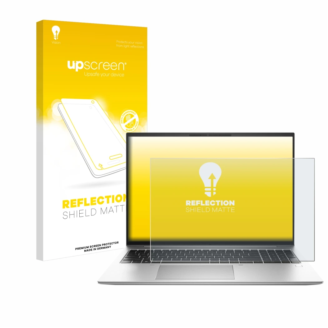 Parte frontal de un envase de producto con el logotipo de la marca upscreen. Al lado se muestra el dispositivo HP EliteBook 84