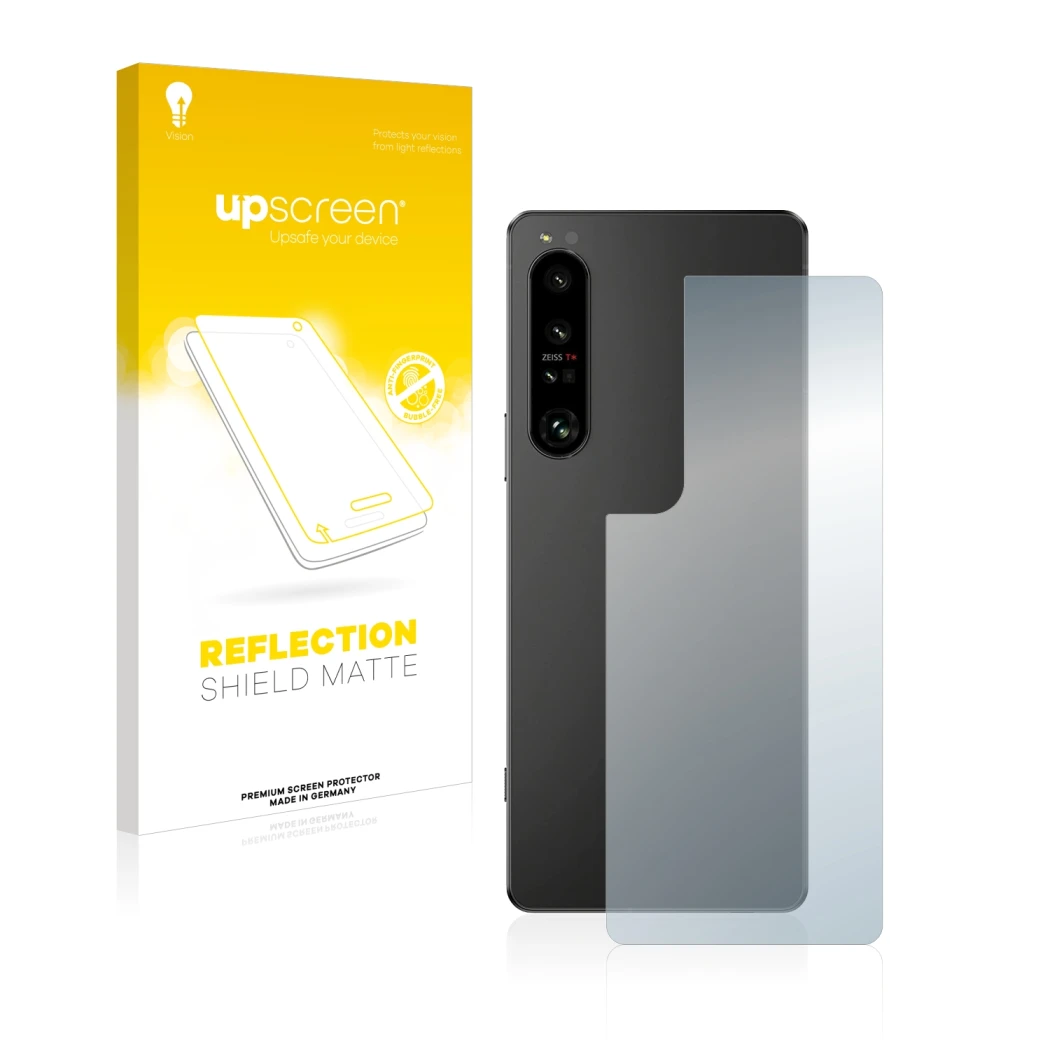 Parte frontal de un envase de producto con el logotipo de la marca upscreen. Al lado se muestra el dispositivo Sony Xperia 1 I