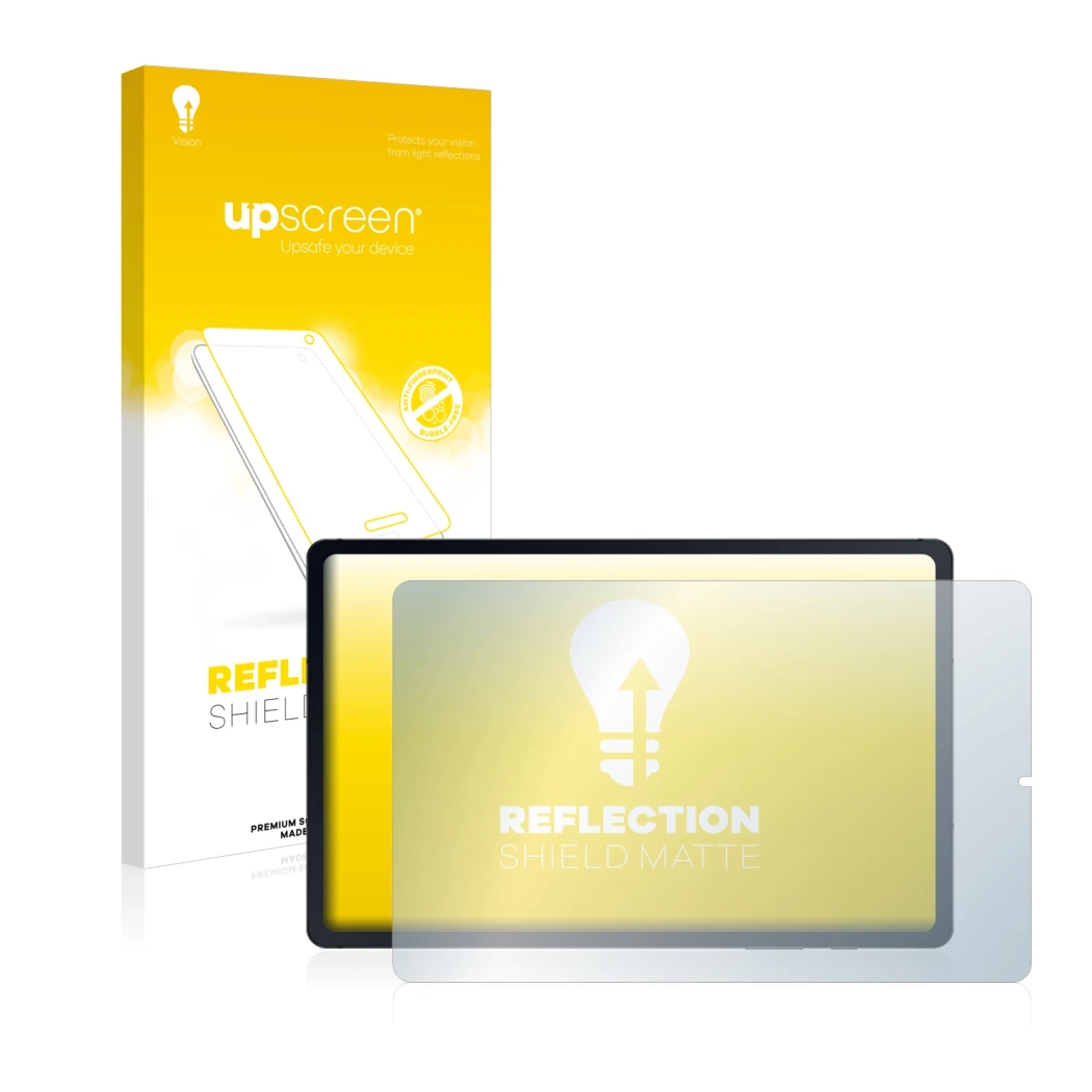 Parte frontal de un envase de producto con el logotipo de la marca upscreen. Al lado se muestra el dispositivo Samsung Galaxy