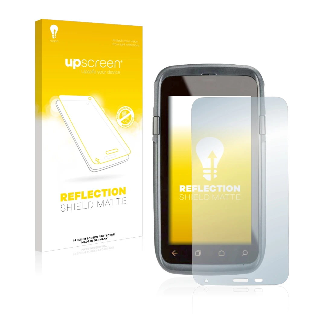 Parte frontal de un envase de producto con el logotipo de la marca upscreen. Al lado se muestra el dispositivo Honeywell Dolph