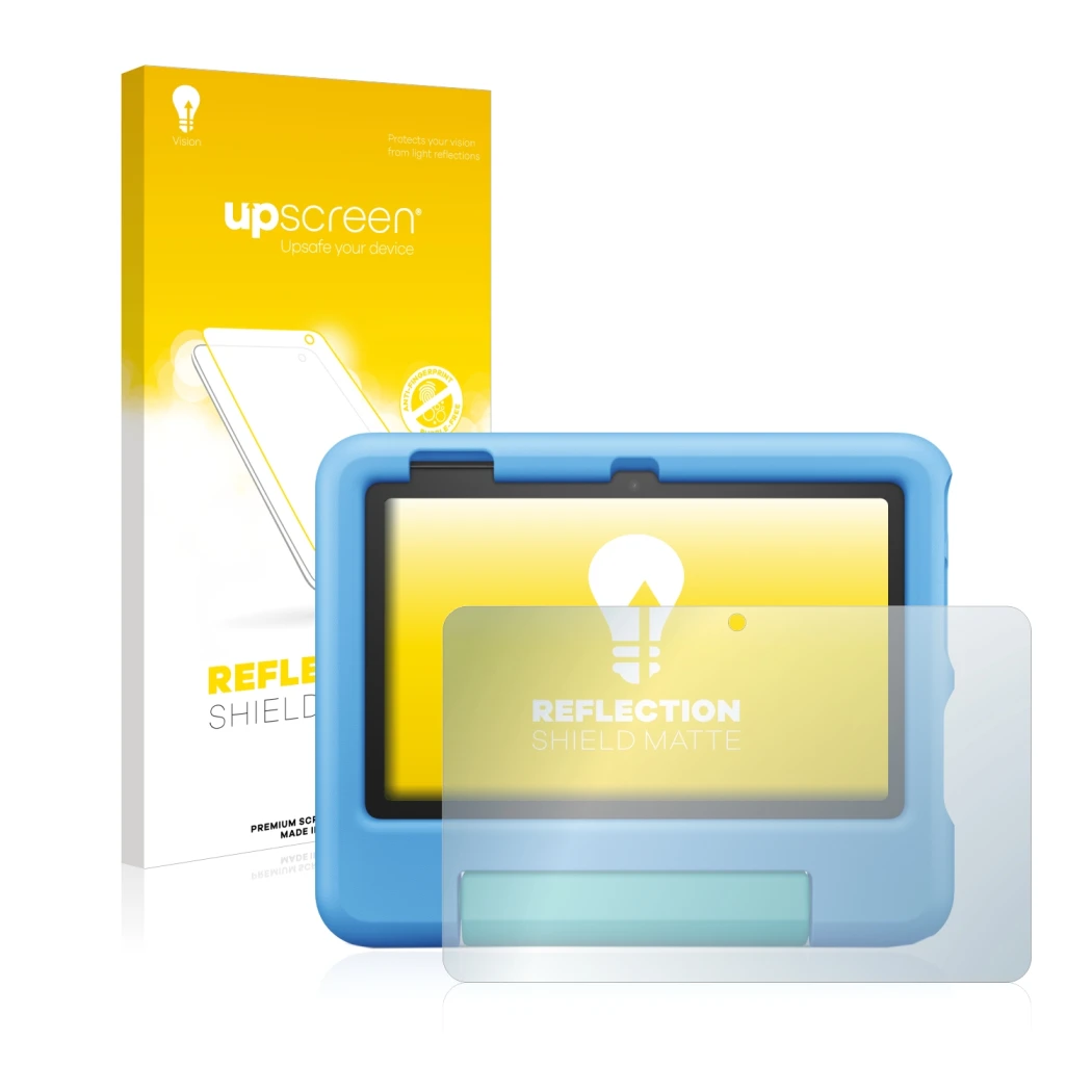Parte frontal de un envase de producto con el logotipo de la marca upscreen. Al lado se muestra el dispositivo Amazon Fire 7 K
