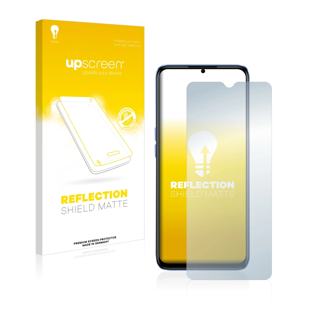 Parte frontal de un envase de producto con el logotipo de la marca upscreen. Al lado se muestra el dispositivo realme Narzo 50