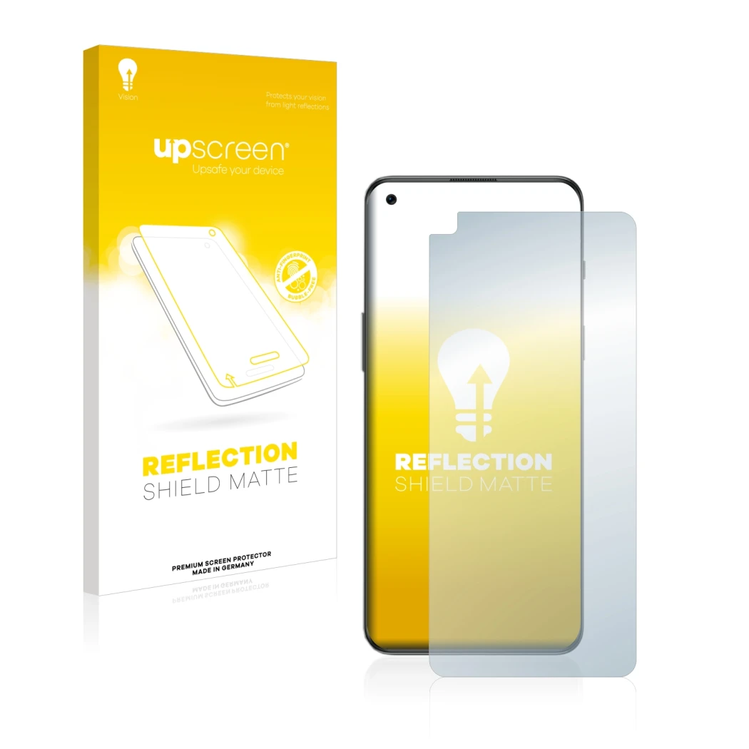 Parte frontal de un envase de producto con el logotipo de la marca upscreen. Al lado se muestra el dispositivo OnePlus Nord 2T