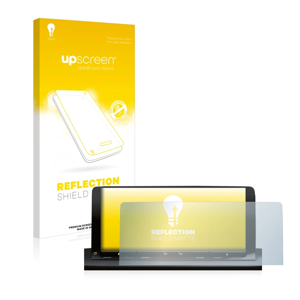 Parte frontal de un envase de producto con el logotipo de la marca upscreen. Al lado se muestra el dispositivo Volkswagen Cadd