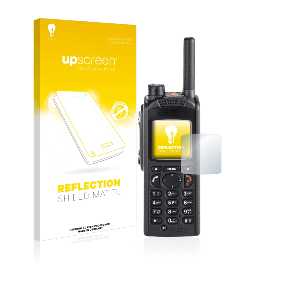 Parte frontal de un envase de producto con el logotipo de la marca upscreen. Al lado se muestra el dispositivo Motorola MTP850