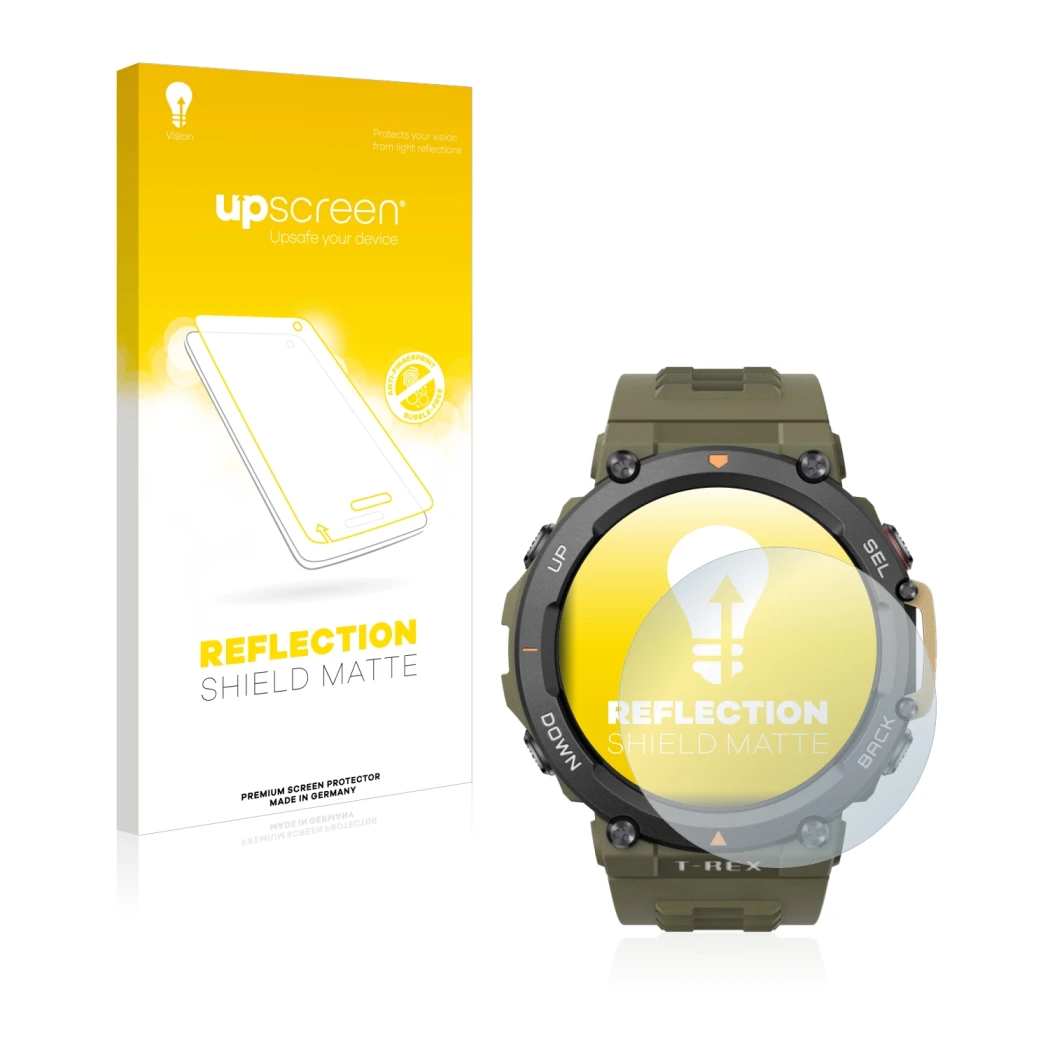 Parte frontal de un envase de producto con el logotipo de la marca upscreen. Al lado se muestra el dispositivo Huami Amazfit T