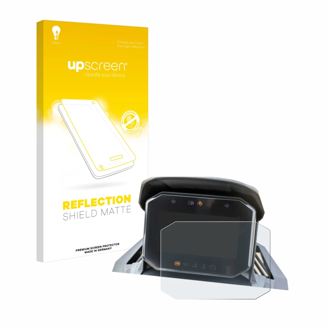 Parte frontal de un envase de producto con el logotipo de la marca upscreen. Al lado se muestra el dispositivo Honda ADV350 4
