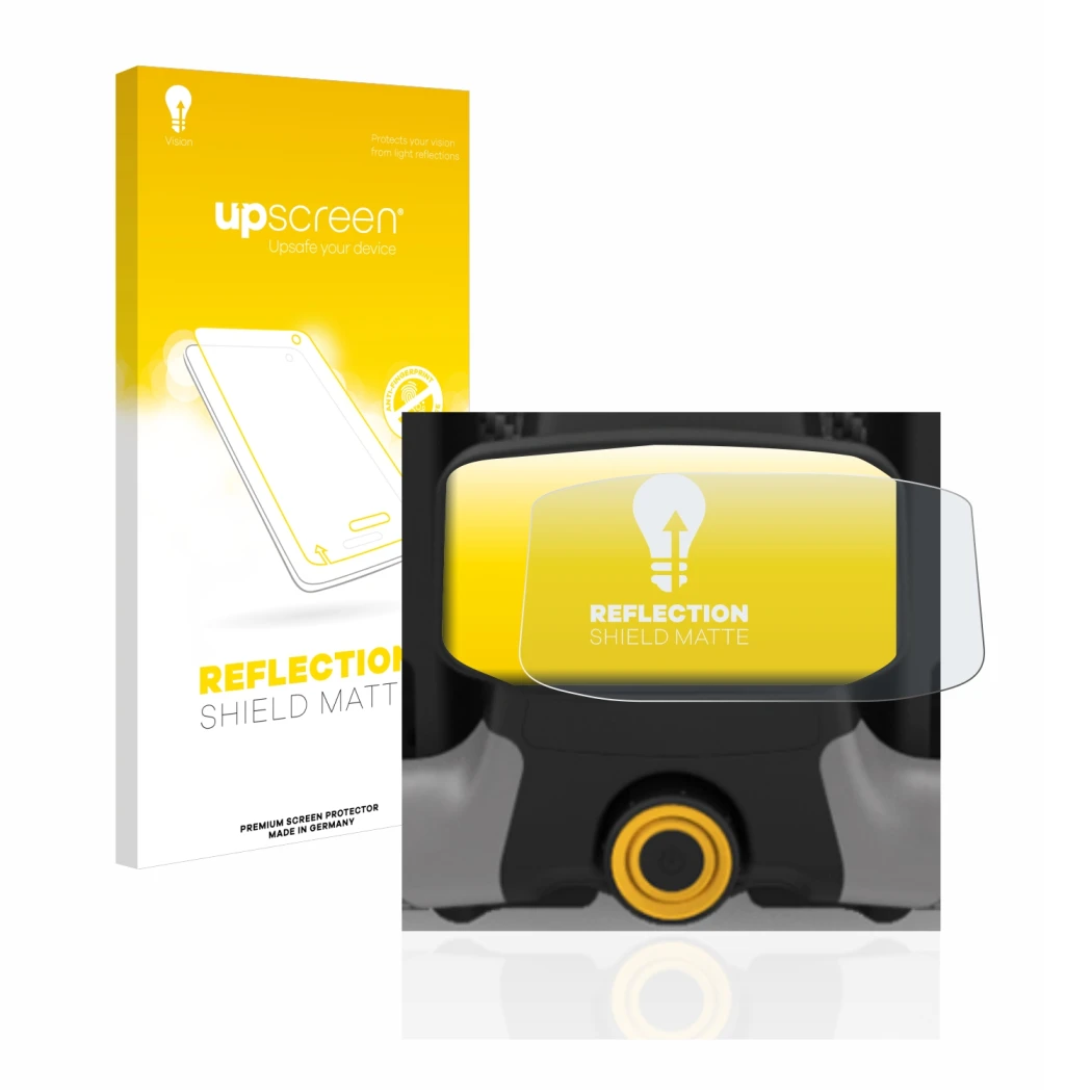Parte frontal de un envase de producto con el logotipo de la marca upscreen. Al lado se muestra el dispositivo PowaKaddy CT8 c