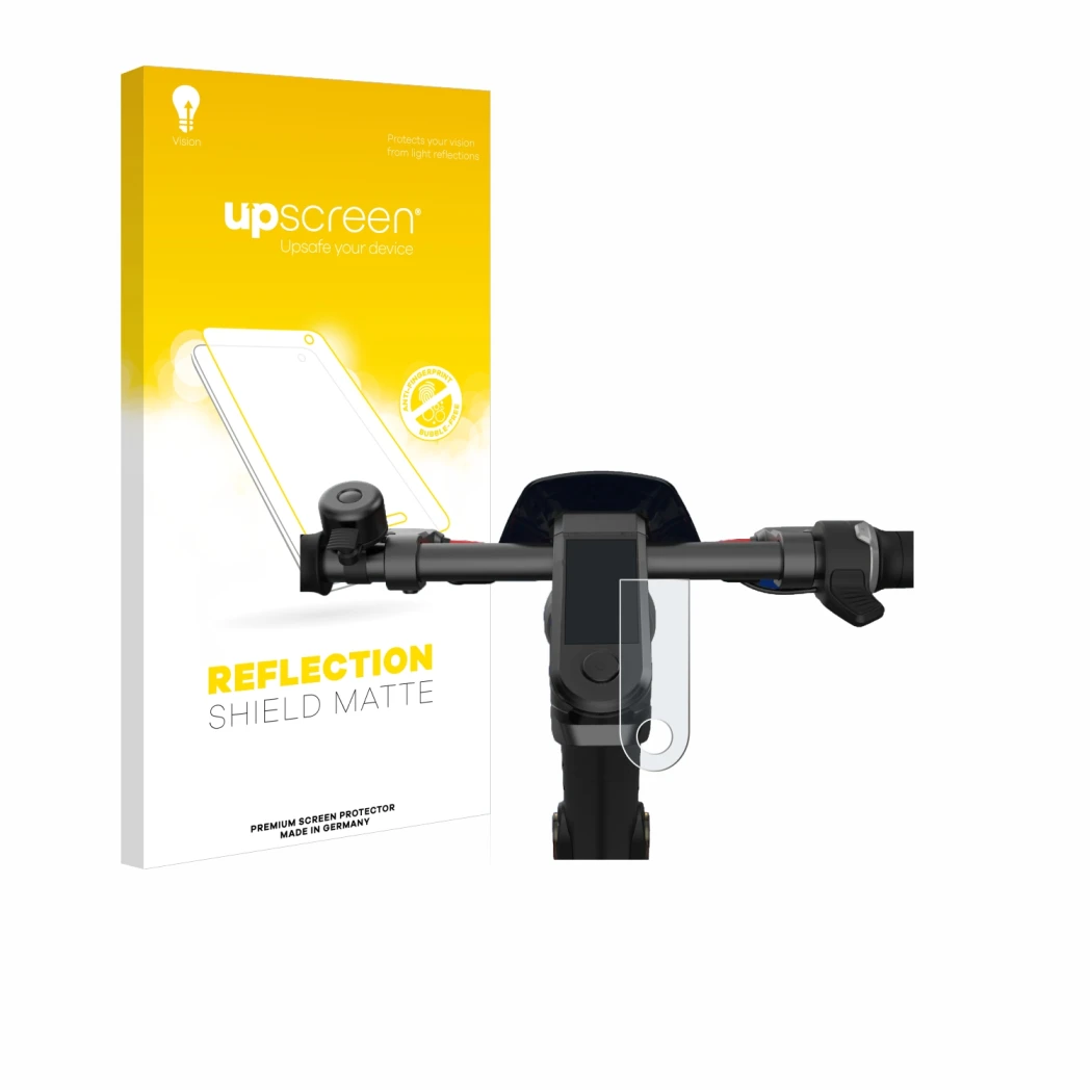 Parte frontal de un envase de producto con el logotipo de la marca upscreen. Al lado se muestra el dispositivo NIU KQi3 Pro co