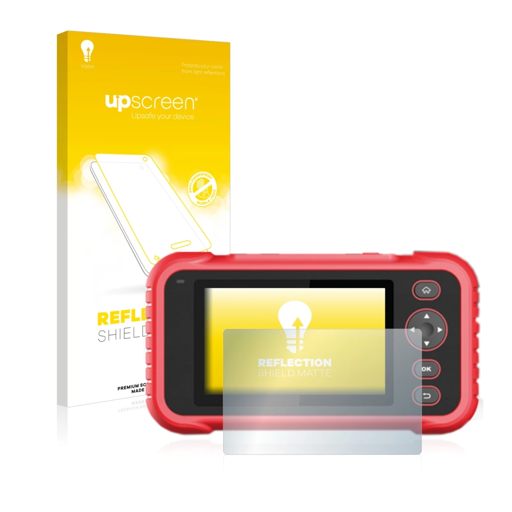Parte frontal de un envase de producto con el logotipo de la marca upscreen. Al lado se muestra el dispositivo Launch CRP 123