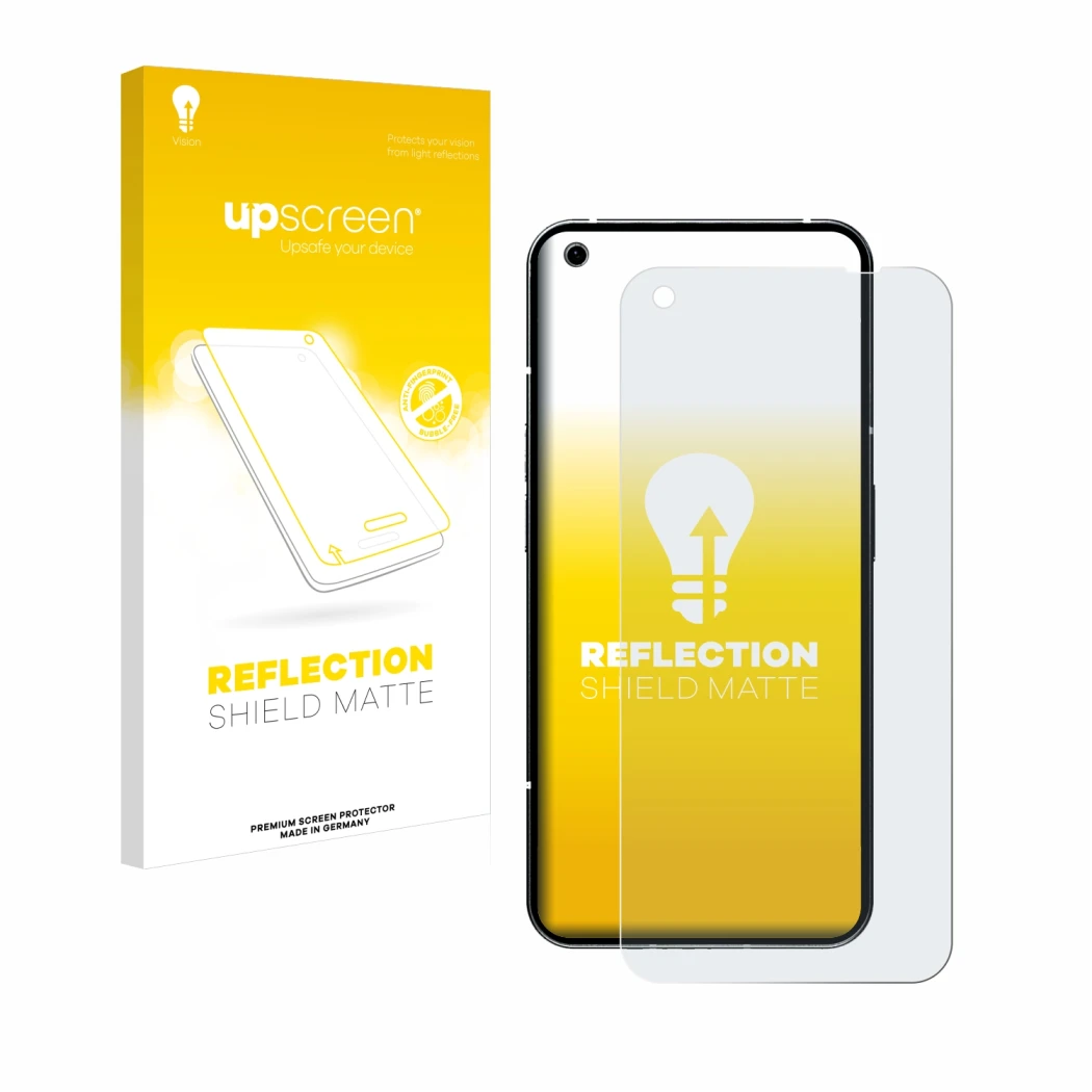Parte frontal de un envase de producto con el logotipo de la marca upscreen. Al lado se muestra el dispositivo Nothing Phone (