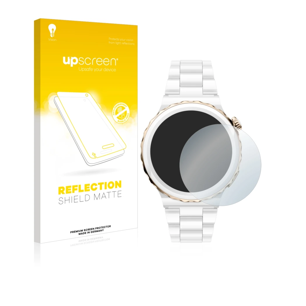 Parte frontal de un envase de producto con el logotipo de la marca upscreen. Al lado se muestra el dispositivo Huawei Watch GT